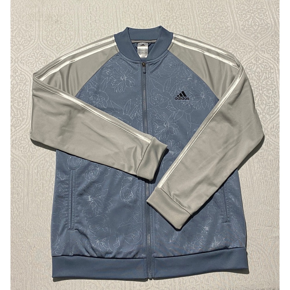 Adidas Womens Track Jacket Blue Gray Floral Full Zip Raglan Mock Neck Large
